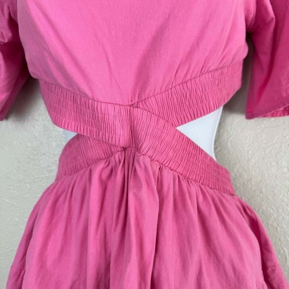 Shy Velvet pink square neck crossover smocked waist cutout mini dress S - Picture 5 of 11